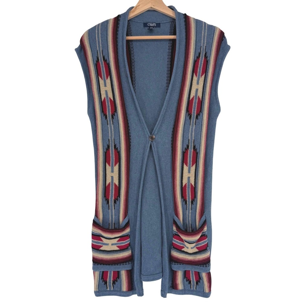 Ralph‎ Lauren Chaps Southwestern Print Sleeveless Cardigan Duster Blue Medium